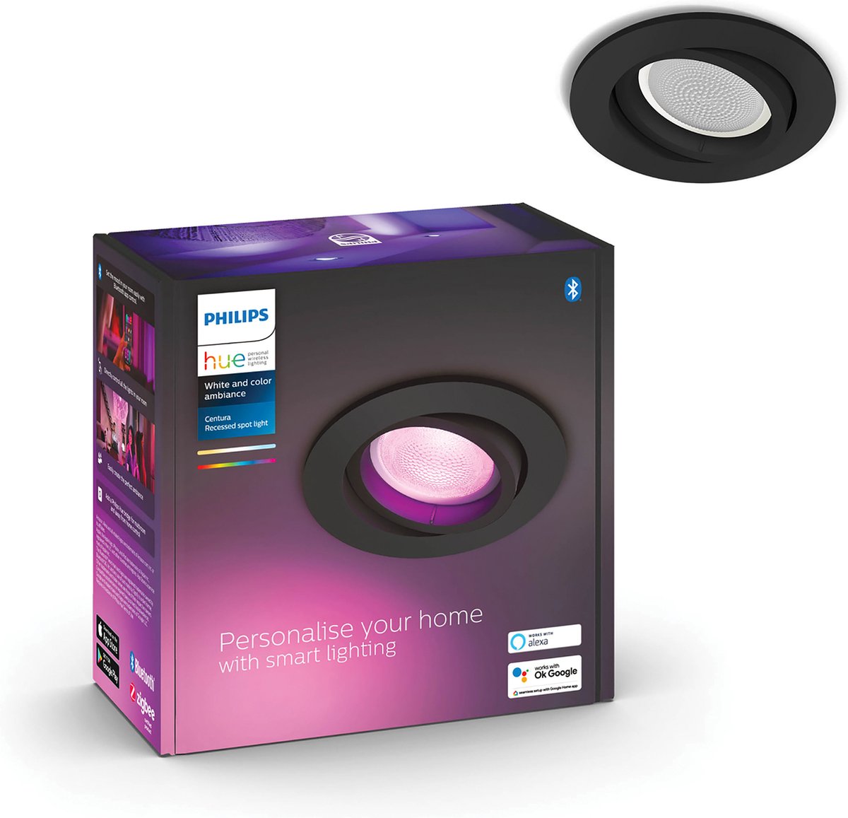 Philips hue centura - led inbouwspot - bevat 1 inbouwspot incl. lamp - aanpasbaar wit en gekleurd licht - zwart - ø 900mm - slimme verlichting