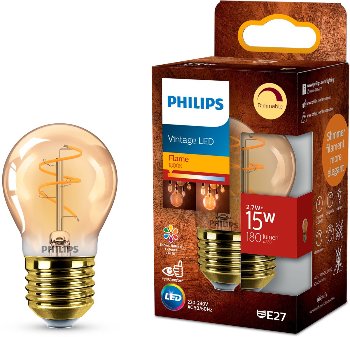 Philips led philips vintage led - dimbare lamp - 15w - extra warmwit licht: 1800k - e27 fitting - amberkleurig glas - kogellamp