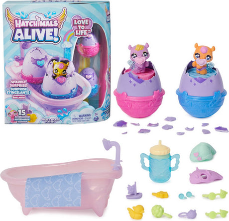 Hatchimals alive - maak een plons speelset met 15 accessoires - badkuip - 2 van kleur veranderende minifiguren in eieren die zelf uitkomen