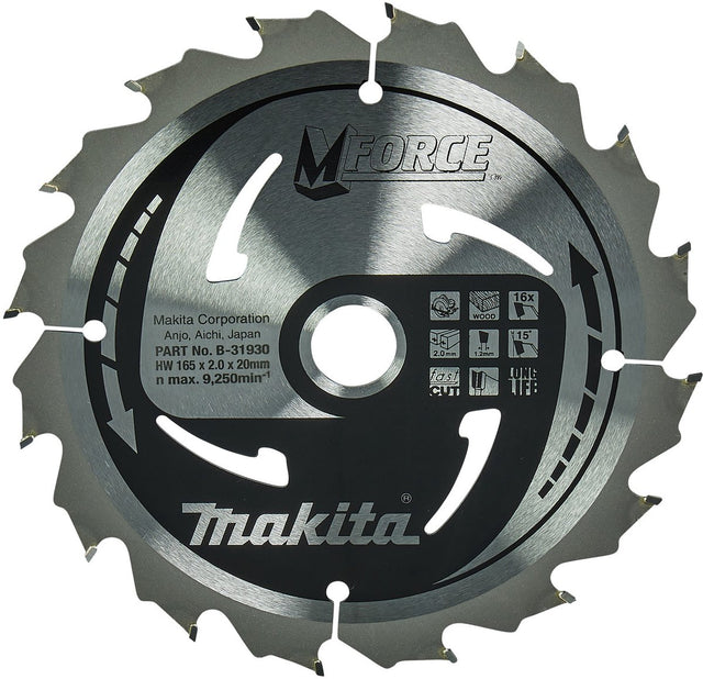 Makita ø165mm asgat 20mm 16t cirkelzaagblad voor hout | mforce - b-31930