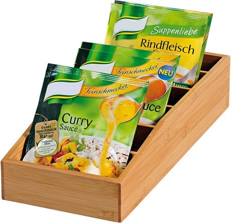 Kesper fsc® bamboe houten opbergkist met 6 vakken voor soep of saus zakken | praktische opbergkist voor bv sauzen, soep, specerijen, kruiden, bakpoeder etc | bestaande uit 6 vakken in elk vak passen 4 zakken | keuken opberg kist | afm. 15 x 35 x 7 cm.