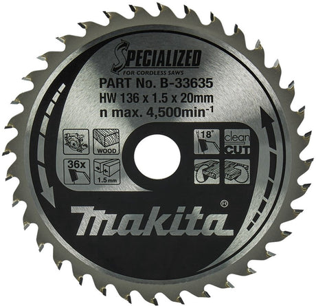 Makita cirkelzaagblad voor hout | specialized: accu | ø 136mm asgat 20mm 36t - b-33635