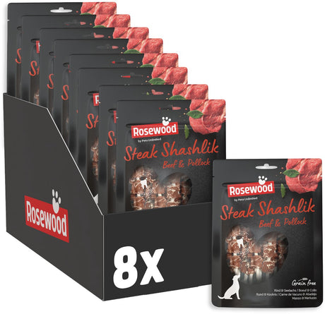 Rosewood steak shashlik hondensnack rund en koolvis 8 x 100 g - kauwsnack runderhuid - graanvrij