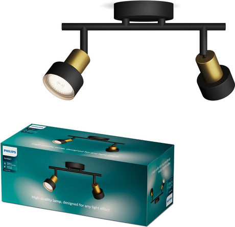 Philips conduit spot - plafondspot met twee lichtpunten - zwart met goud design - gu10 led fitting