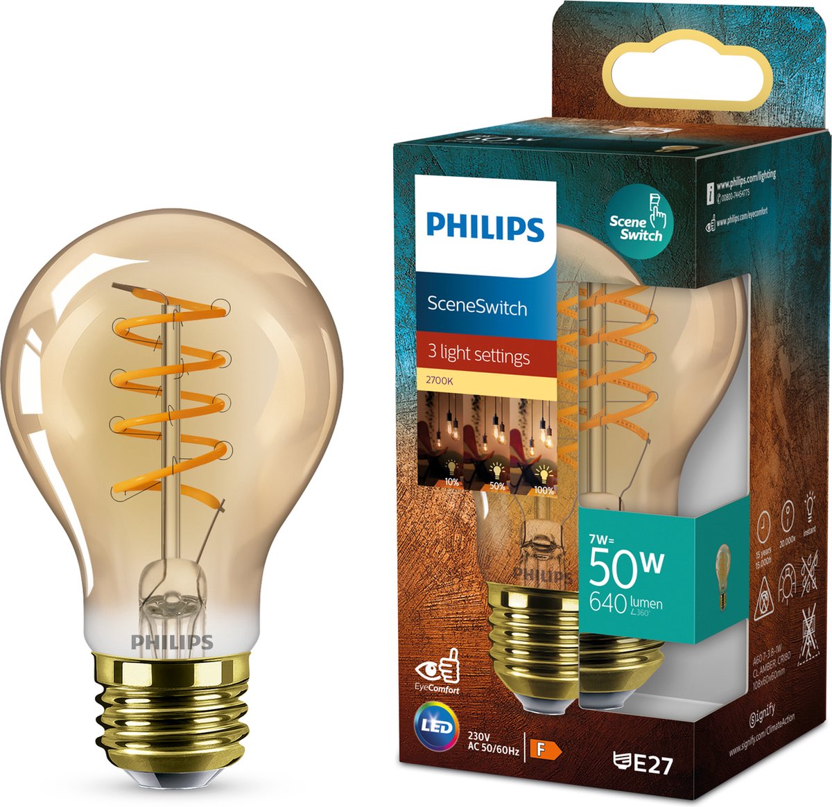 Philips led philips deco led - sceneswitch - 50w - e27 fitting - a60 standaard lampvorm - amberkleurige lamp