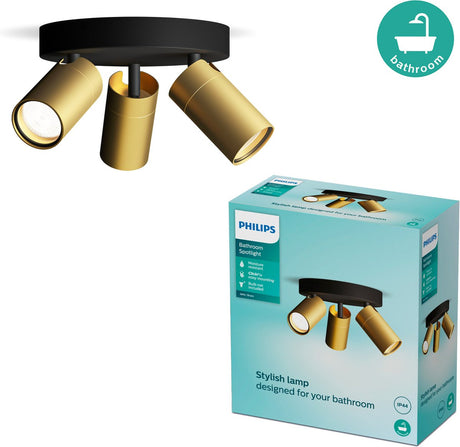 Philips idris spot - plafondspot - spatwaterdicht ip44 - zwart met goud - badkamerlamp - drie lichtpunten - ronde basisplaat - alleen geschikt voor led spots