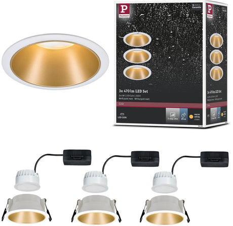 Paulmann led-inbouwlamp 3-step-dim cole coin set van 3 ip44 rond 88 mm coin 3x6w 3x460lm 230v dimbaar 2700k wit, goud mat