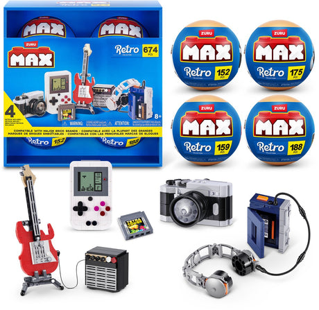Max premium zuru - max retro bouwset – camera, gitaar, spelcomputer en cassettespeler – 4-pack