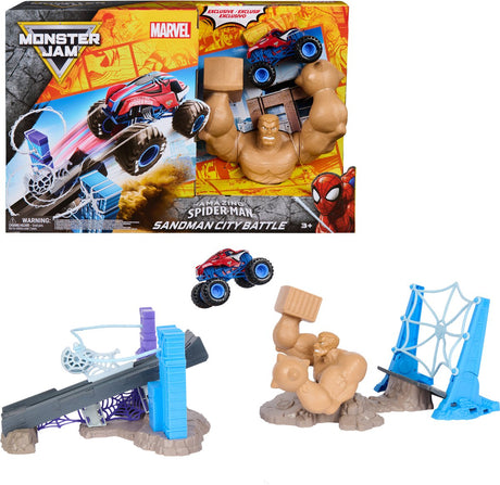 Spin master monster jam - spider-man sandman city battle speelset 1:64 schaal met exclusieve spider-man monster truck en katapult launcher - vanaf 3 jaar