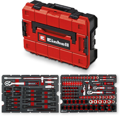 Einhell e-case 121-delige gereedschapskoffer voor auto's (professioneel gereedschap, slagdoppen, speciale bits, bougiedoppen, omkeerbare ratels, systeemkoffer)