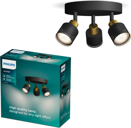Philips niall spot - plafondspot met drie lichtpunten - zwart met goud design - gu10 led fitting - ronde basisplaat