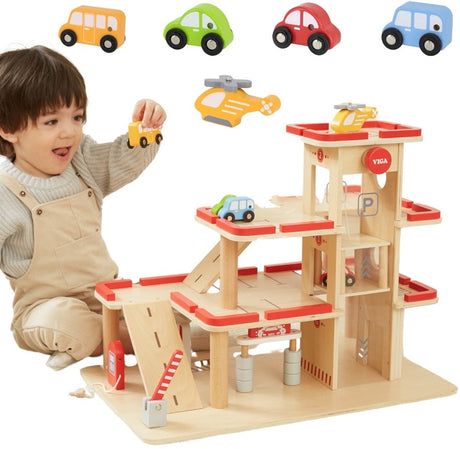 Viga toys - houten - speelgoedgarage - groot - inclusief 4 auto's en helicopter