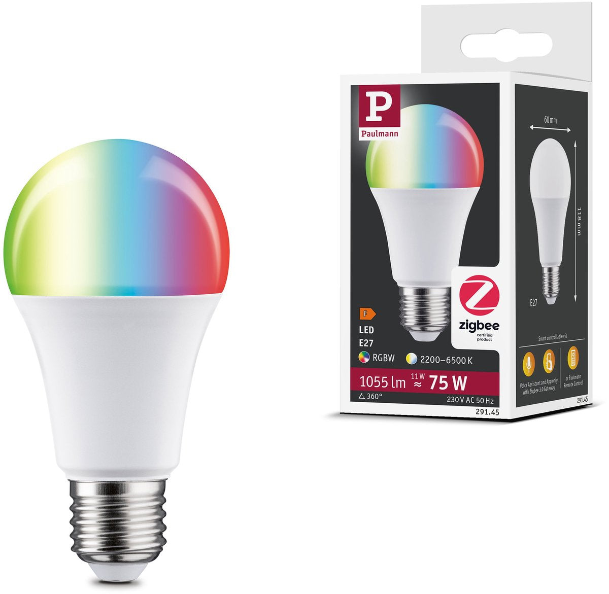 Paulmann standaard 230 v smart home zigbee 3.0 led-gloeilamp e27 1055lm 11w rgbw+ dimbaar mat
