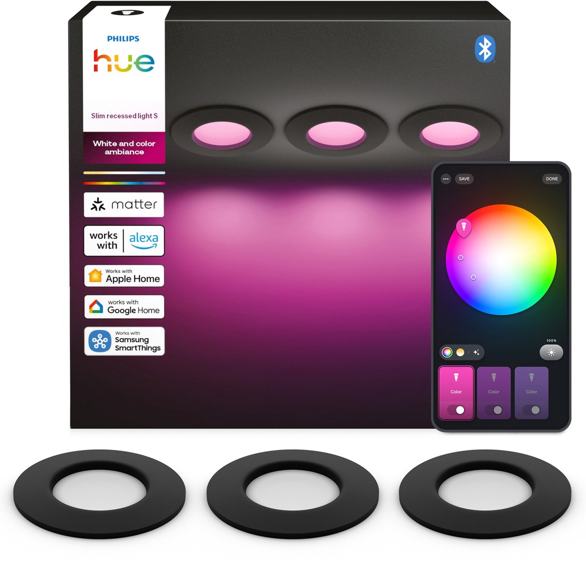 Philips hue dunne led inbouwspot - badkamerverlichting - gu10 fitting - bevat 3 inbouwspots - aanpasbaar wit en gekleurd licht - zwart - ip44: spatwaterdicht - ø: 90mm - slimme verlichting