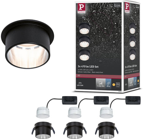 Paulmann led-inbouwlamp 3-step-dim gil coin basisset ip44 rond 68 mm coin 3x6w 3x470lm 230v dimbaar 2700k zwart mat, staal geborsteld