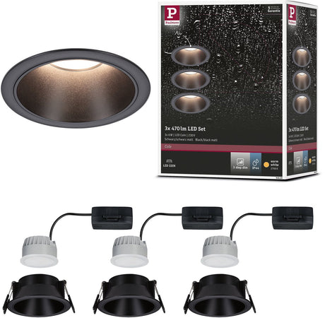 Paulmann led-inbouwlamp 3-step-dim cole coin set van 3 ip44 rond 88 mm coin 3x6w 3x470lm 230v dimbaar 2700k zwart