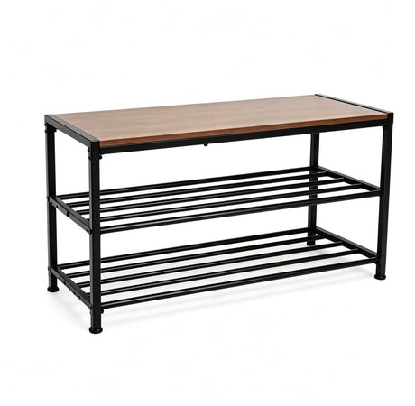 Kozie schoenenbank met schoenenrek – 3 lagen opbergrek voor 6 paar schoenen – bruin mdf met zwart metalen frame