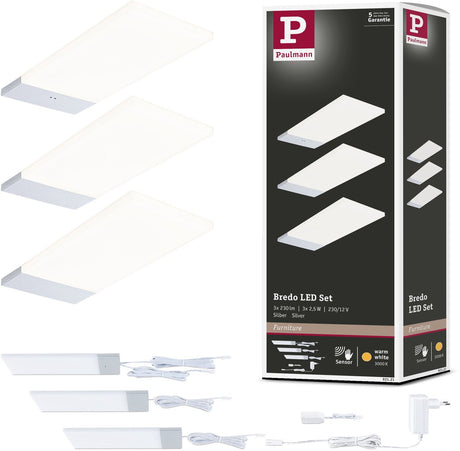 Paulmann led-onderkastverlichting bredo naderingsschakelaar set van 3 3x2,5w 80x190 mm 3x180lm 230 12v zilver