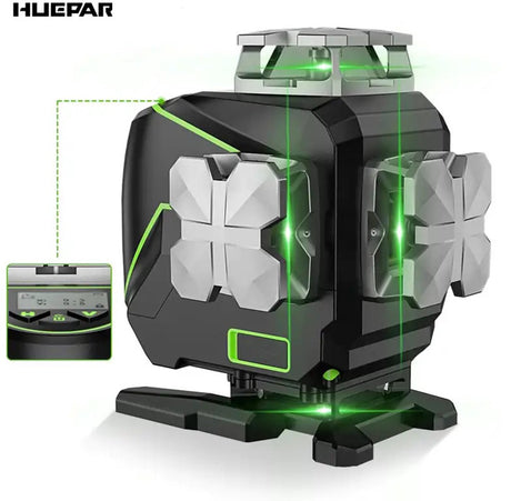 Huepar s04cg kruislijnlaser – 4d (4x 360 graden)- 16 lijnen- zelfnivellerend- groene laser- bluetooth afstandsbediening- app bediening- lcd scherm- met opbergkoffer