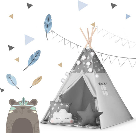 Nukido tipi-tent voor kinderen met slinger en -lampjes - grijs met sterren