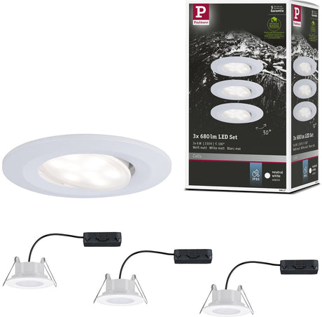Paulmann led-inbouwlamp calla basisset zwenkbaar ip65 rond 90 mm 30° 3x6w 3x530lm 230v 4000k wit mat