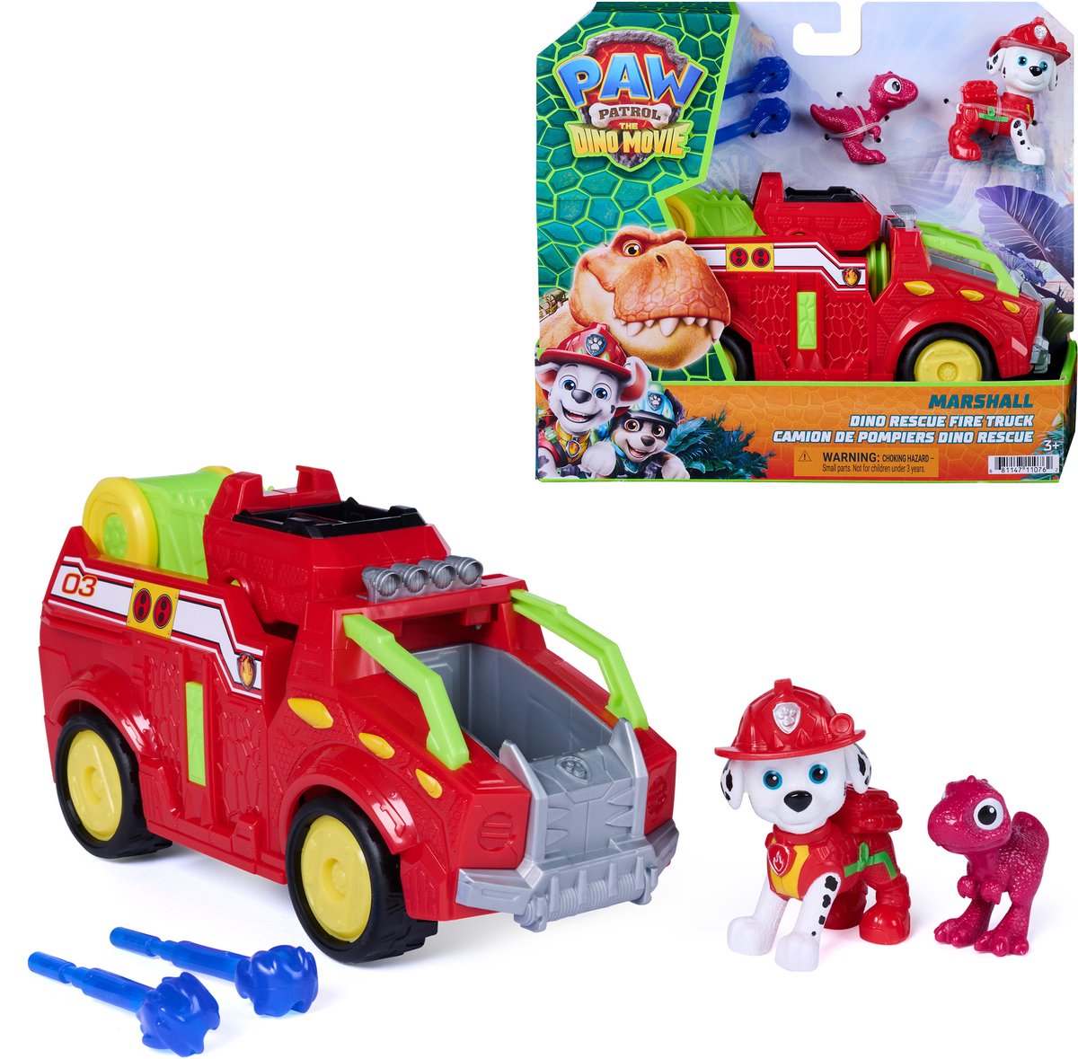 Paw patrol - de dino film - marshall dino rescue firetruck met volledig ronddraaiende projectielwerper en 2 actiefiguren