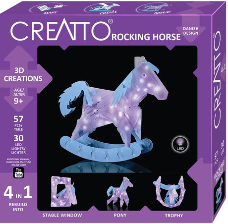 Kosmos creatto rocking horse - bouwset met led verlichting - bouw 4 lichtgevende paardenmodellen - hobbelpaard, paard, trofee en stalraam - 52 onderdelen - creatief bouwspeelgoed - vanaf 9 jaar