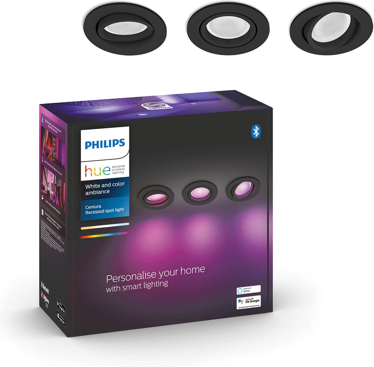Philips hue centura inbouwspot - wit en gekleurd wit - 3-pack - zwart - rond - gu10