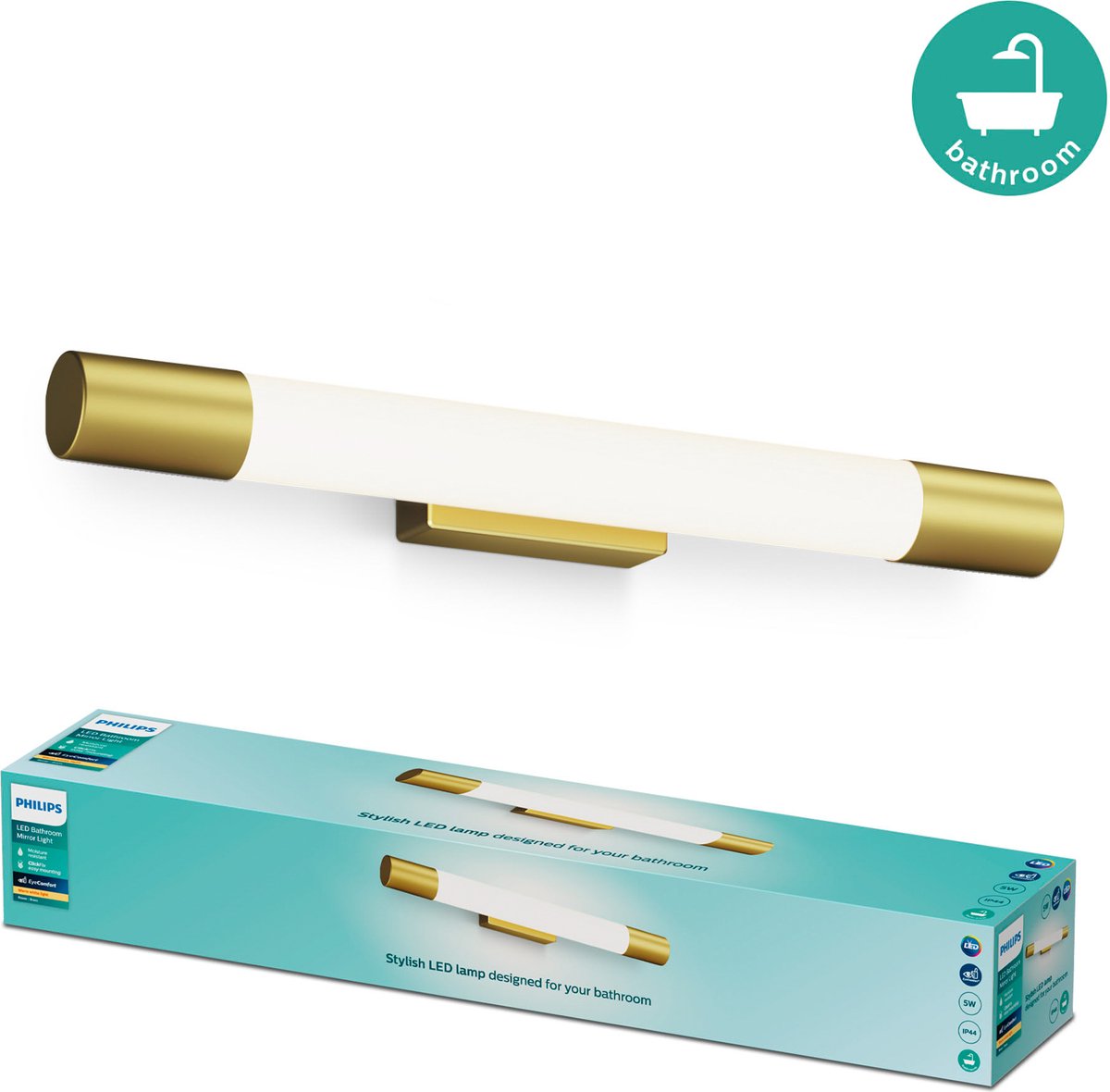 Philips led philips rover spiegelverlichting - spatwaterdicht ip44 - 5w - warmwit licht - badkamerlamp - cilindervormig - messingkleurig