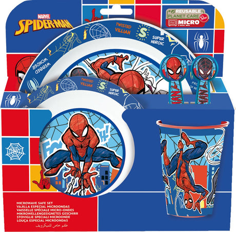 Stor marvel's spider-man kinderservies - 5-delig - herbruikbaar - inclusief bord, kom, bestek en beker - vaatwasser- en microgolfbestendig bpa-vrij - wit blauw rood