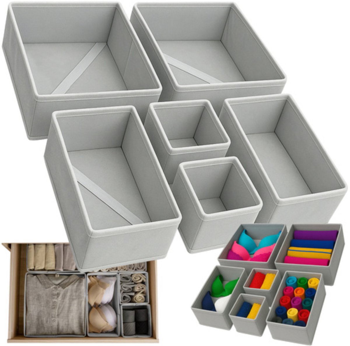 Ruhhy opbergmanden lade organizers - 6x stuks - 3 formaten - grijs - ondergoed en sokken - ladekast