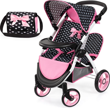 Bayer design tweeling poppenwagen twin xeo, dubbele poppenwagen, verstelbare duwstang, tas in zwart wit roze