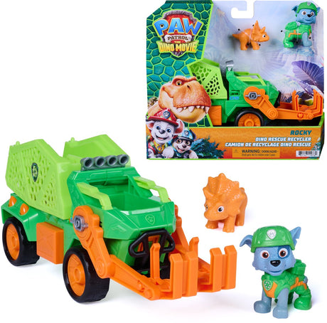 Paw patrol - de dino film - rocky's dino rescue recycler voertuig - met geheim vak en werkende klauw, 2 actiefiguren