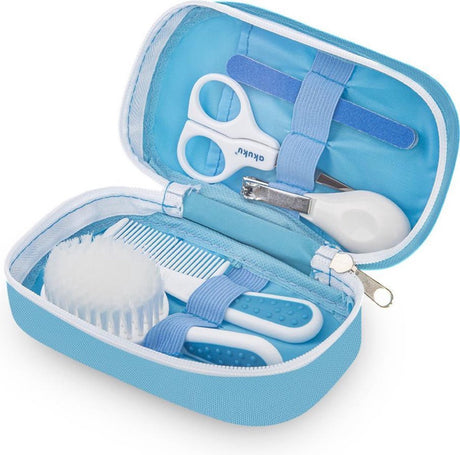 Akuku babyverzorgingsset voor pasgeboren kinderen roze blauw 5-delig met nagelschaartje, nagelknipper, borstel, kam en nagelvijl in een klein etui blauw blauw
