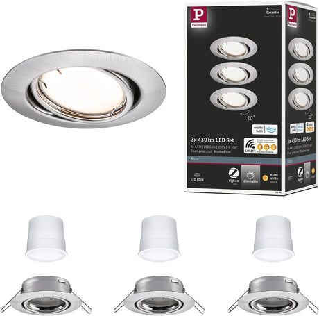 Paulmann led-inbouwlamp smart home zigbee 3.0 base coin basisset zwenkbaar rond 90 mm 20° coin 3x4,9w 3x430lm 230v dimbaar 3000k staal geborsteld