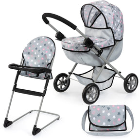Bayer design cosy poppenwagen set, opvouwbaar, zachte handgreep, met kinderstoel, tas, grijs
