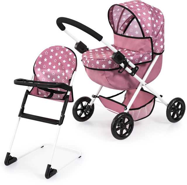 Bayer design cosy poppenwagen set, opvouwbaar, zachte handgreep, met kinderstoel, tas, roze