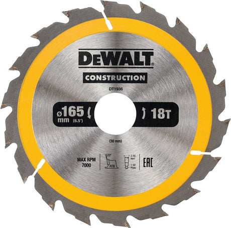 Dewalt ø 165mm asgat 30mm 18t cirkelzaagblad voor hout | construction - dt1936-qz