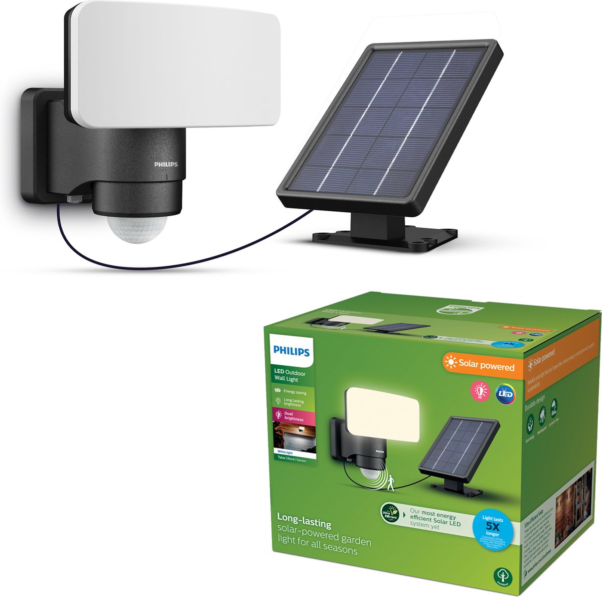 Philips led philips tylus beveiligingslamp - ultraefficient led - solar buitenlamp - helder warm licht; 3000k - zwart - bewegingssensor - schemersensor - zonne-energie
