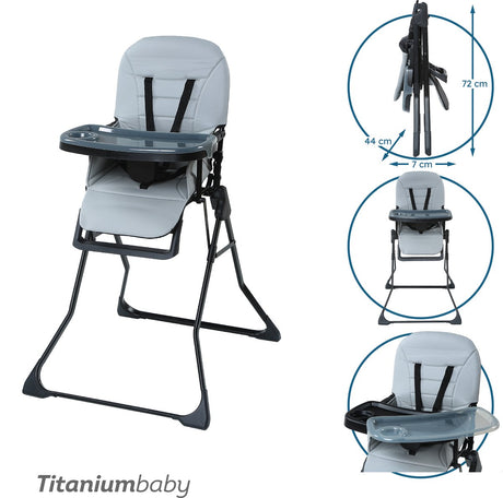 Titanium baby titaniumbaby kinderstoel bistro glacier grey eenvoudig reinigbare bekleding extra afneembaar eetblad verstelbaar eetblad compact inklapbaar design