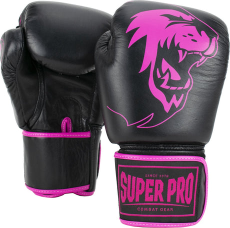 Super pro combat gear warrior lederen (kick)bokshandschoenen zwart roze 10oz