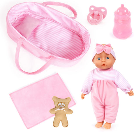 Bayer design babypop, zacht lichaam, 28 cm, poppendraagtas, deken, kussen, fopspeen, fles, teddybeer