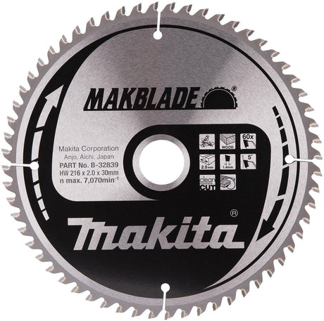 Makita ø 216mm asgat 30mm 60t afkortzaagblad voor hout | makblade - b-32839
