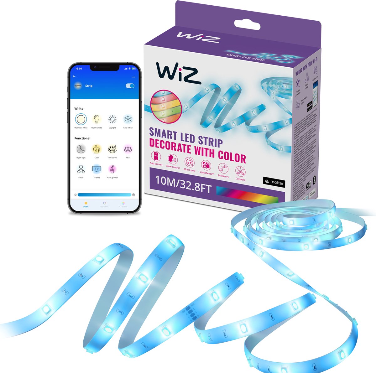 Wiz rgb led strip - 10 meter - makkelijke installatie - 16 miljoen kleuren - muzieksynchronisatie - rgb; één kleur tegelijk