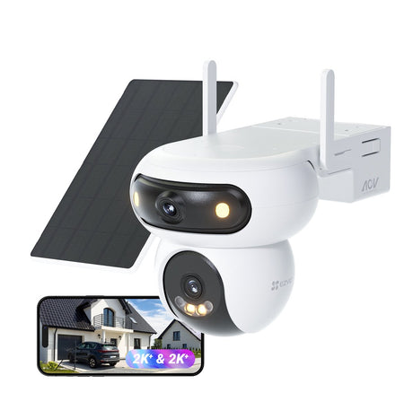 Ezviz hb90 + 8w zonnepaneel 2k+2k(8mp) dual lenzen 360° beveiligingscamera voor buiten wifi draadloos - personen voertuigdetectie - automatische volgfunctie - geen maandkosten