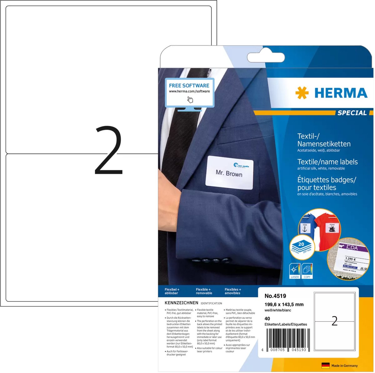 Herma special name textile - acetatseide - selbstklebend, entfernbarer klebstoff - weiß - 199.6 x 143.5 mm 40 etikett(e