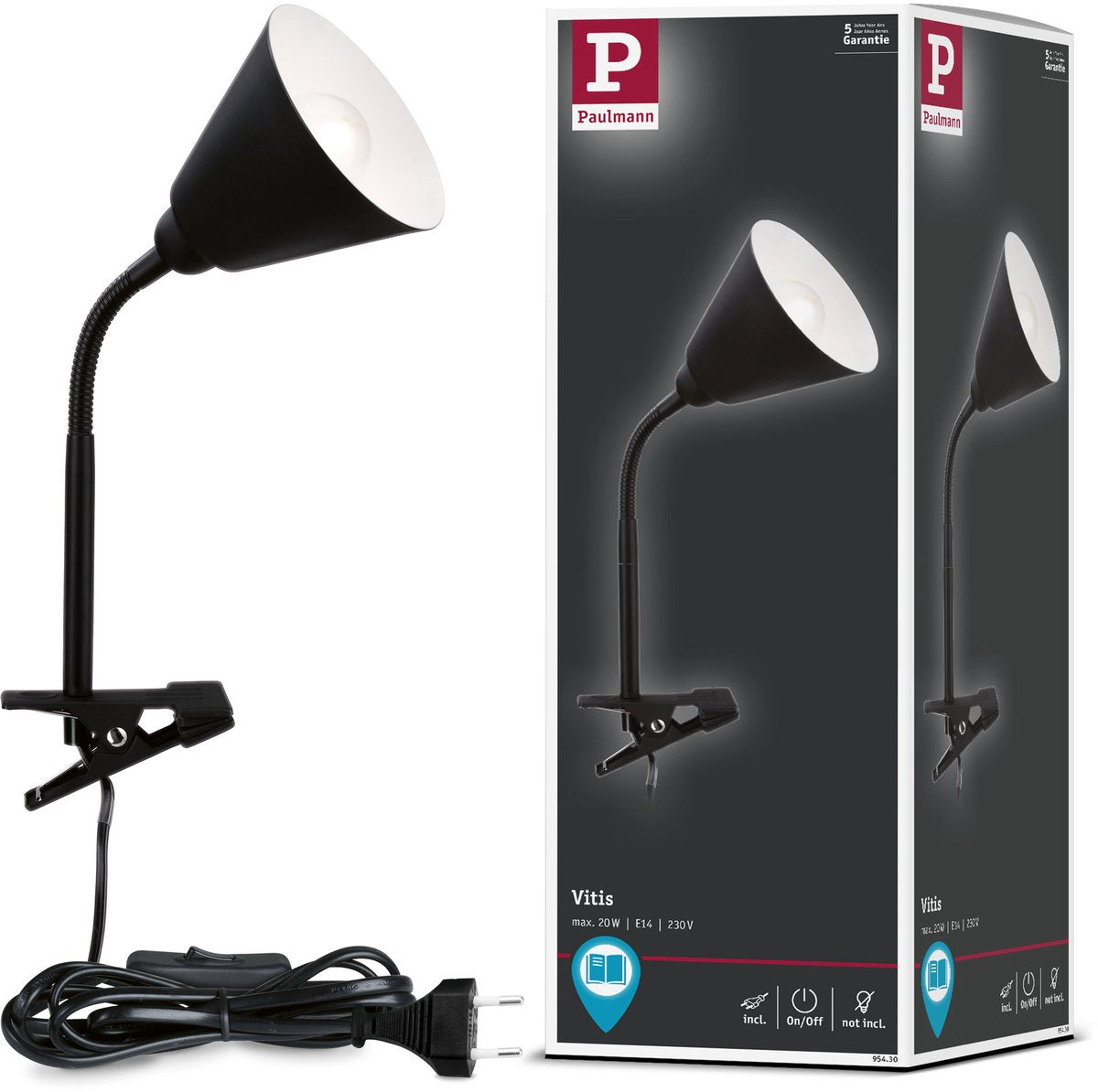 Paulmann klemlamp vitis flexarm snoerschakelaar zwart 230v e14