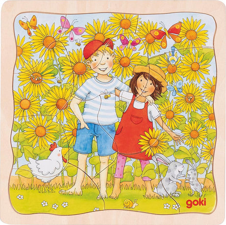 Goki puzzel - zonnebloemveld - 35 stukjes - 3 lagen - 20x20x1,1cm - hout - 3+