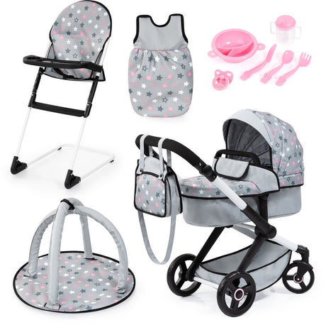 Bayer design xeo poppenwagenset, met tas, kinderstoel, slaapzak, speelboog, poppenaccessoires, in grijs