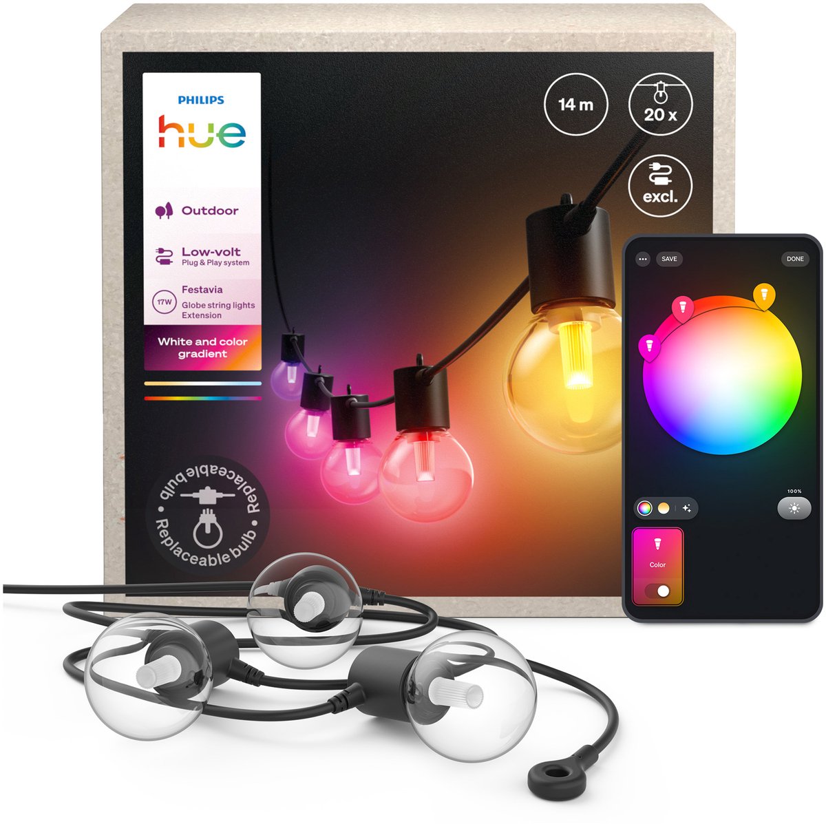 Philips hue festavia outdoor lichtsnoer met globe-lampen – 21 meter – 30 lampen - uitbreiding